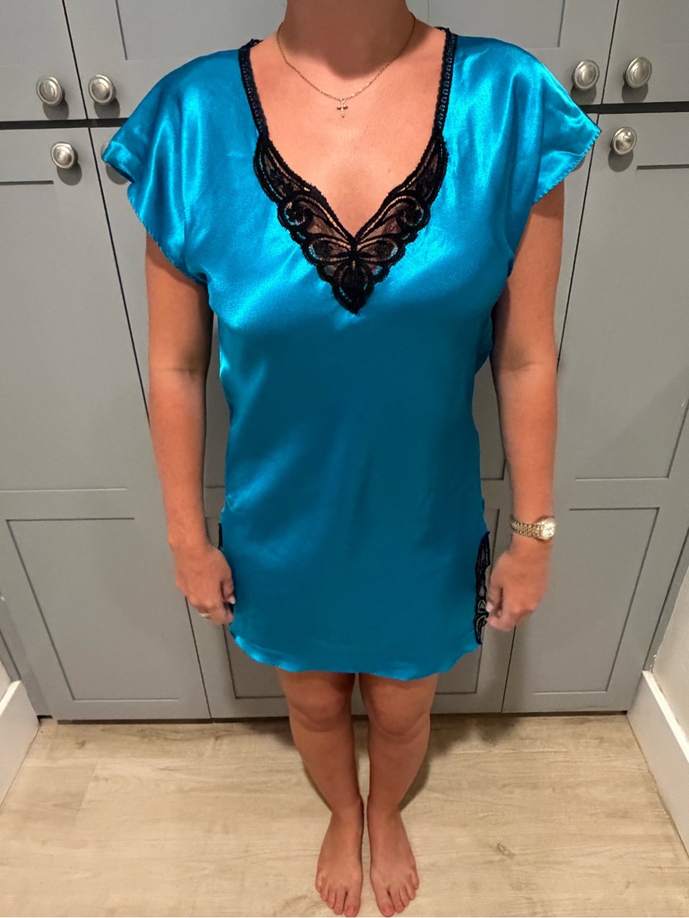 Vintage 90s Sabrina by Mervyn’s Satin Teal V-Neck Chemise with Black Lace Trim